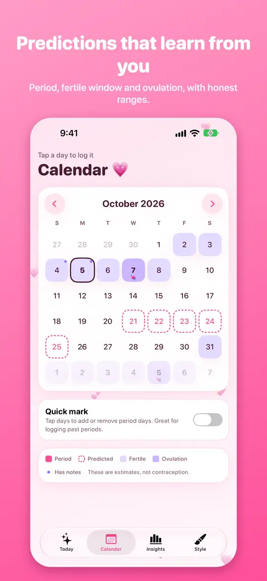 The calendar with period, fertile window and ovulation days marked