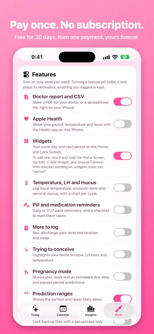 The list of optional features, each with its own on/off switch