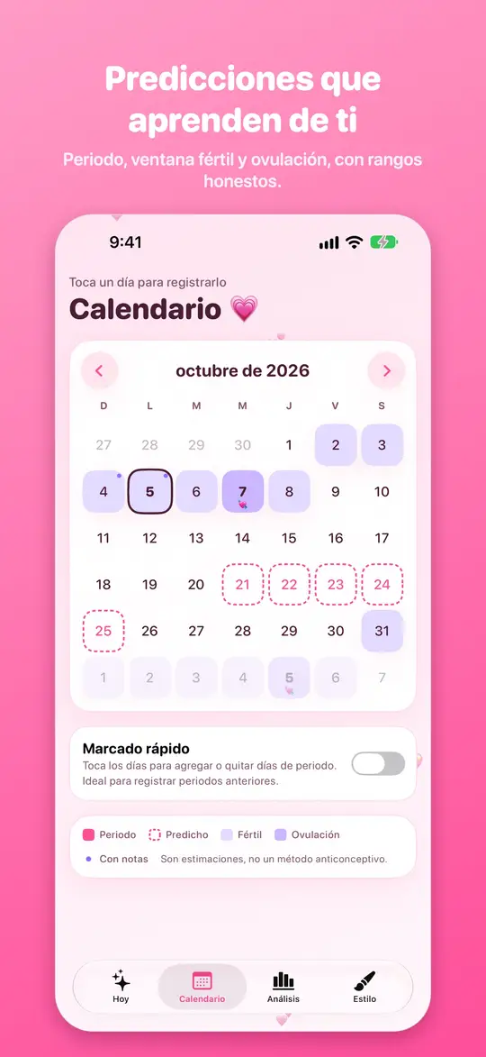 El calendario con los días de periodo, ventana fértil y ovulación marcados