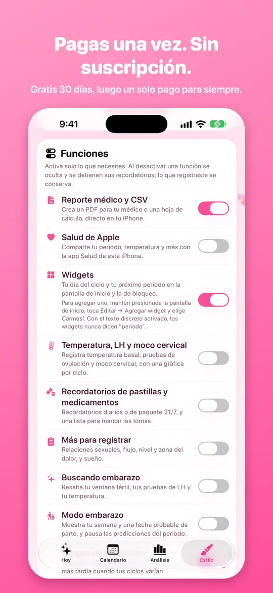 La lista de funciones opcionales, cada una con su interruptor