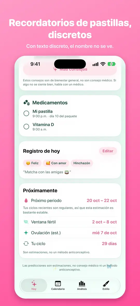 Recordatorios de pastillas discretos y un registro diario