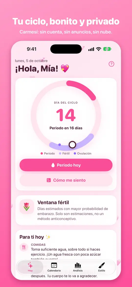 La pantalla Hoy con el día del ciclo y un registro rápido
