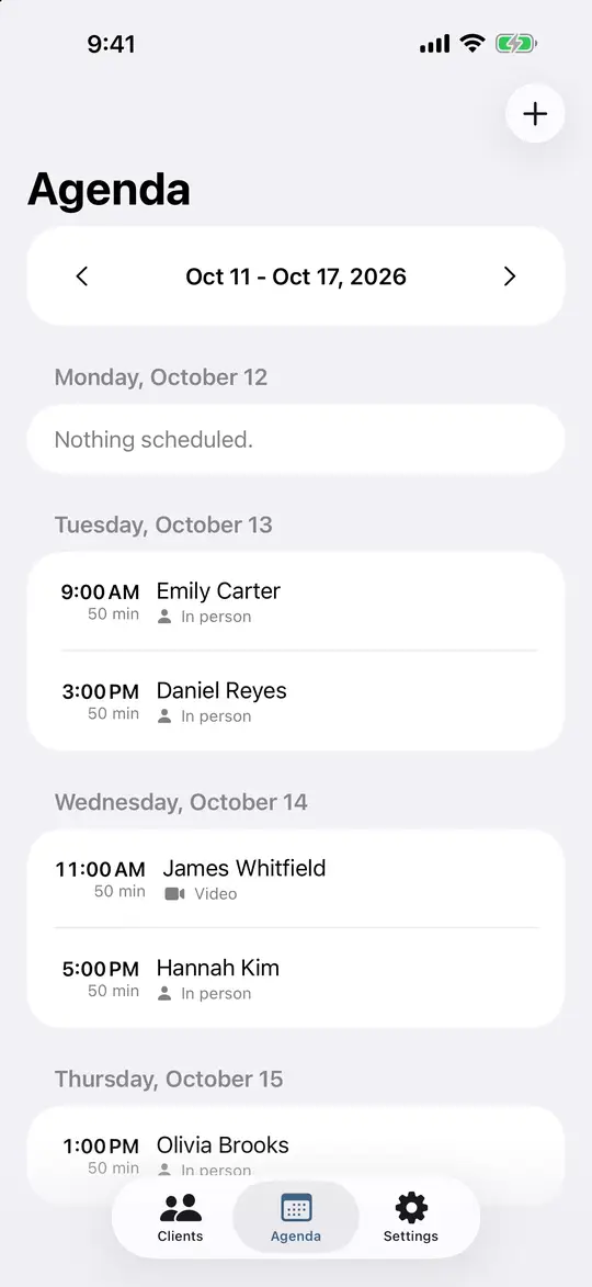 The weekly agenda with in-person and video sessions