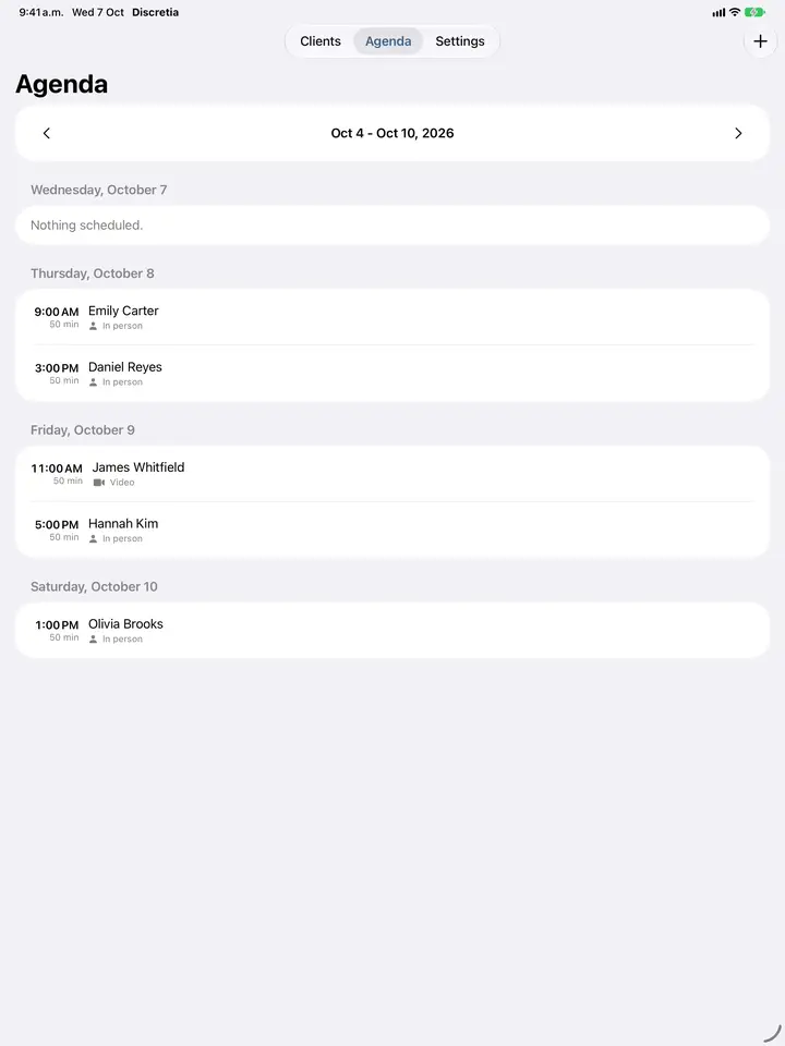 The weekly agenda with in-person and video sessions