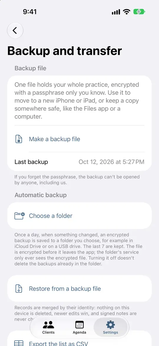 Backup and transfer: an encrypted backup file and automatic backup to a folder