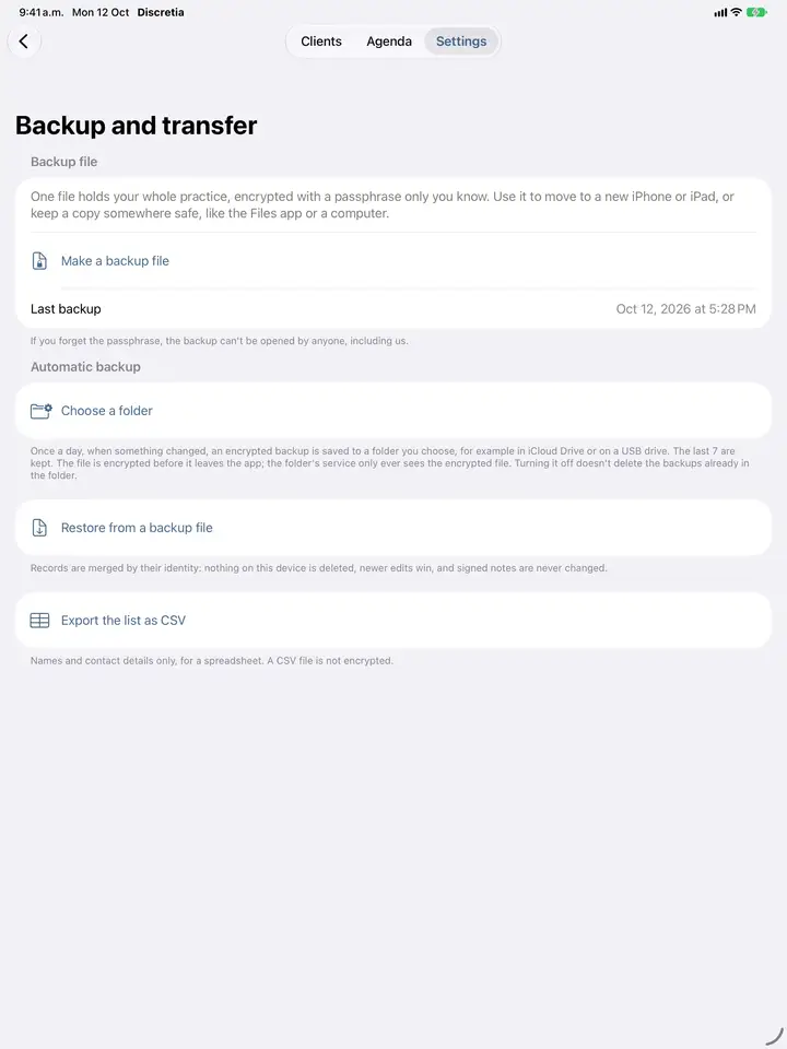 Backup and transfer: an encrypted backup file and automatic backup to a folder