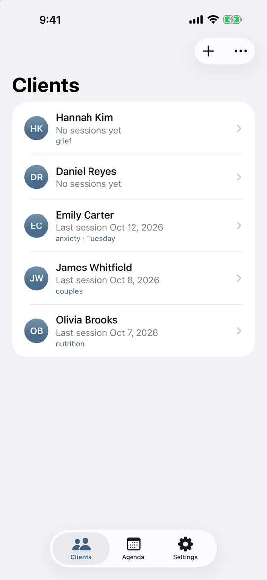 The client list with last session dates and tags