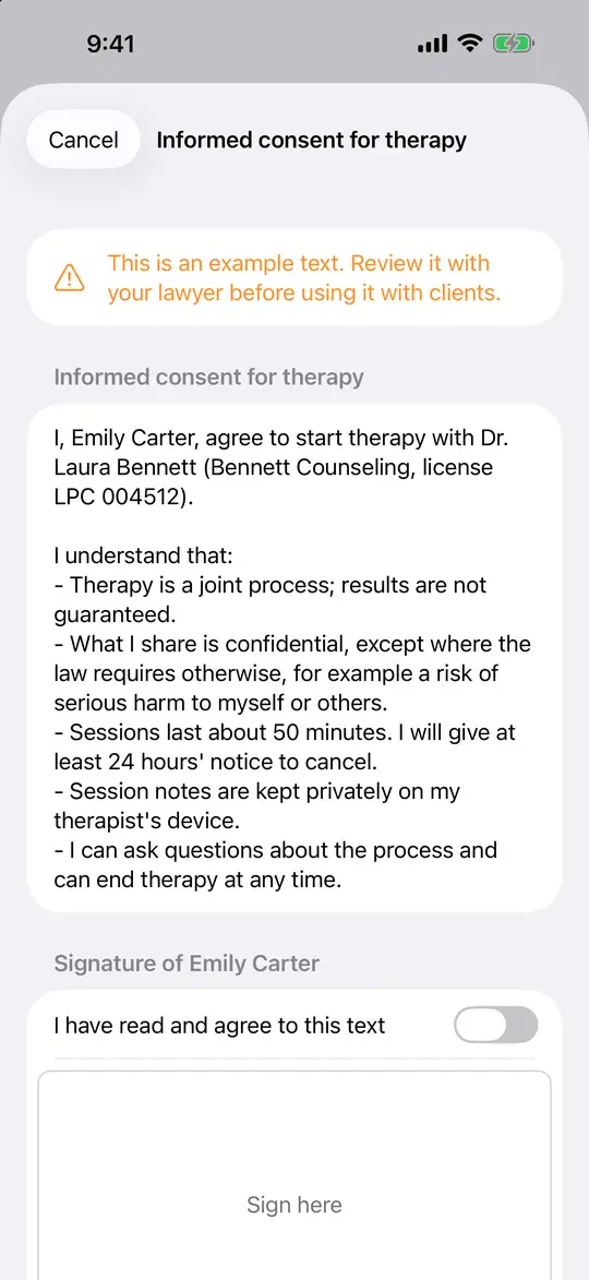 An example consent form ready to be signed on the screen