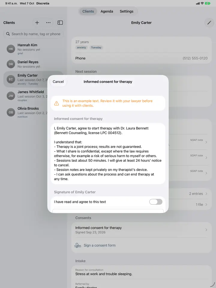 An example consent form ready to be signed on the screen