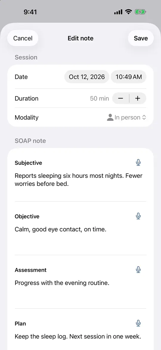 Writing a SOAP session note, with a dictation button on each field