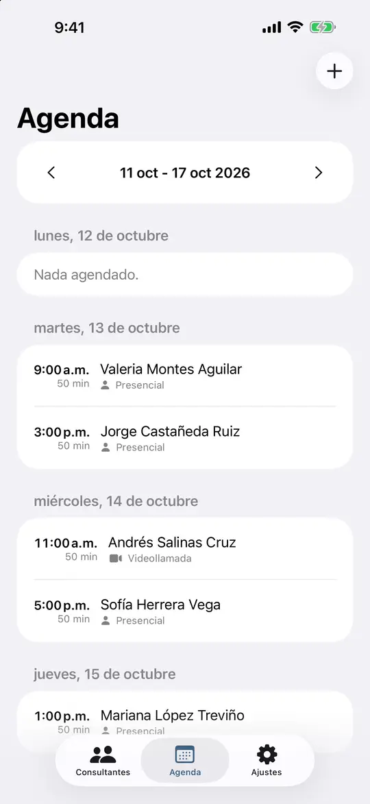 La agenda semanal con sesiones presenciales y por video