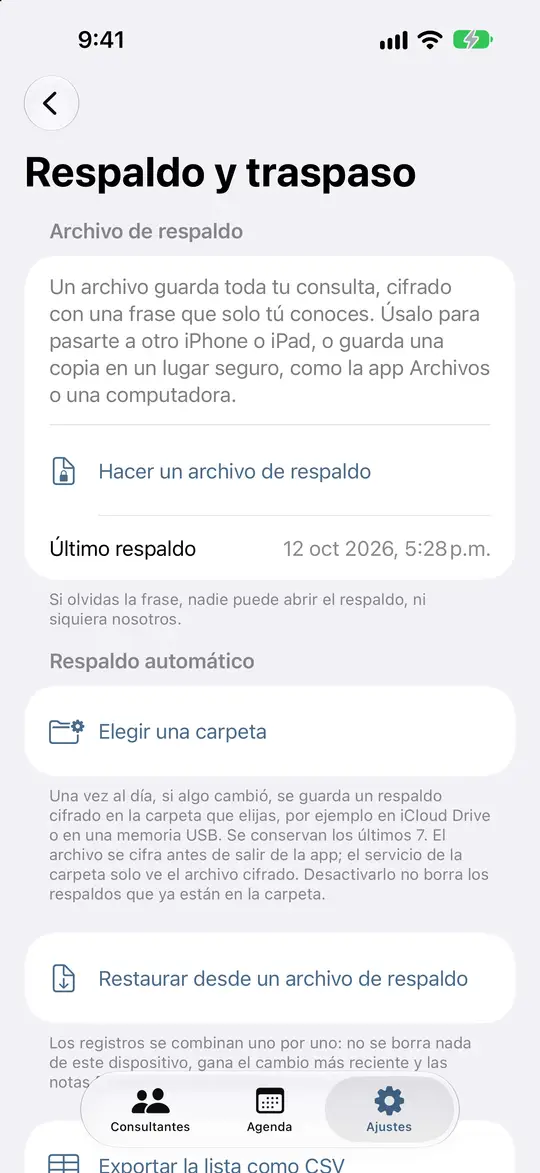 Respaldo y traspaso: un archivo de respaldo cifrado y respaldo automático en una carpeta