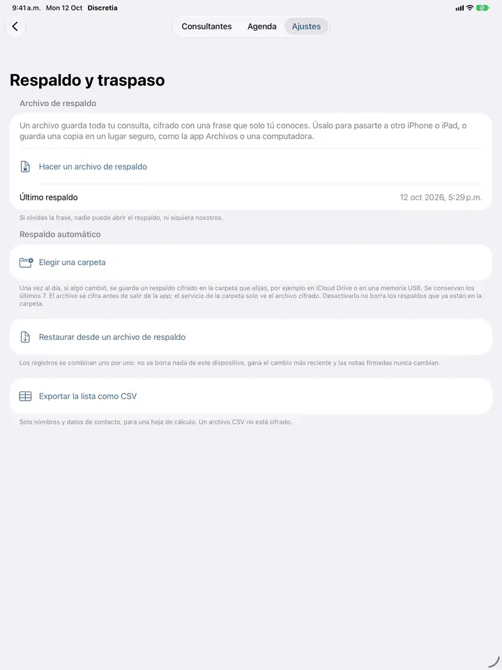 Respaldo y traspaso: un archivo de respaldo cifrado y respaldo automático en una carpeta