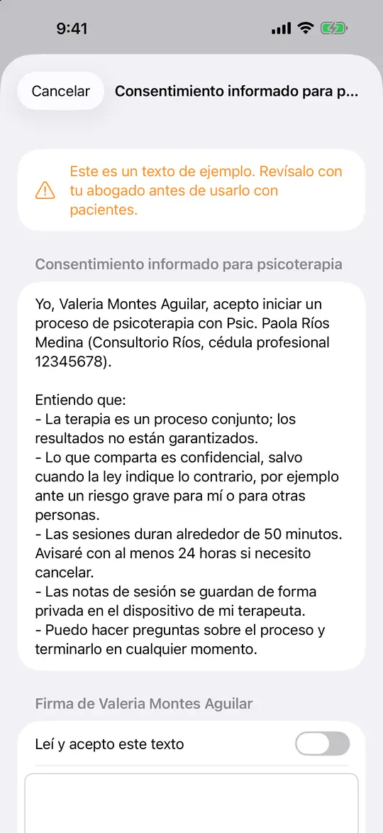 Un formato de consentimiento de ejemplo, listo para firmarse en la pantalla