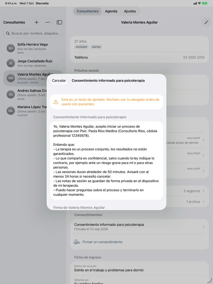Un formato de consentimiento de ejemplo, listo para firmarse en la pantalla