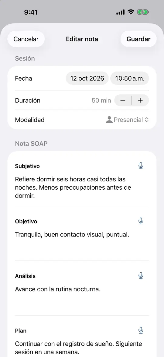 Escribiendo una nota de sesión SOAP, con un botón de dictado en cada campo