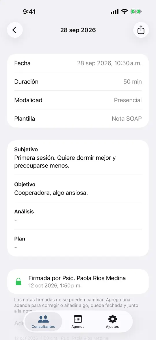 Una nota de sesión firmada y bloqueada