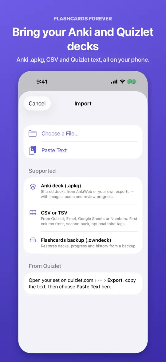 Importing decks from Anki, CSV or Quizlet