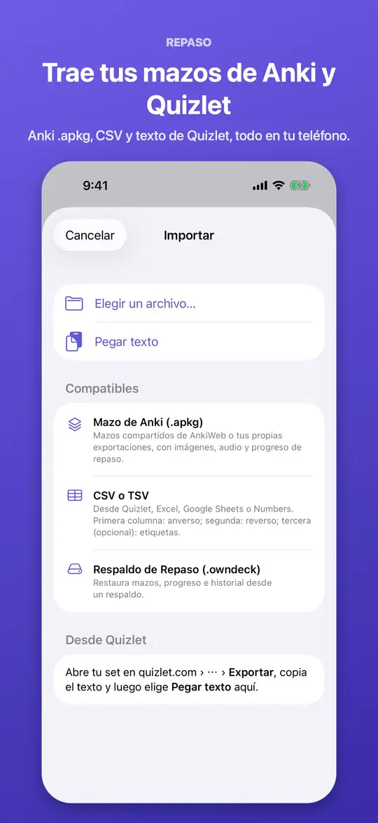 Importación de mazos desde Anki, CSV o Quizlet