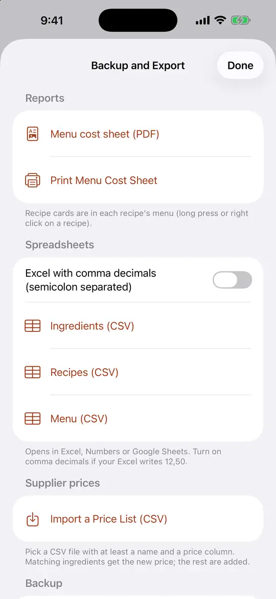Backup and export: menu cost sheet PDF, CSV files and a supplier price list import