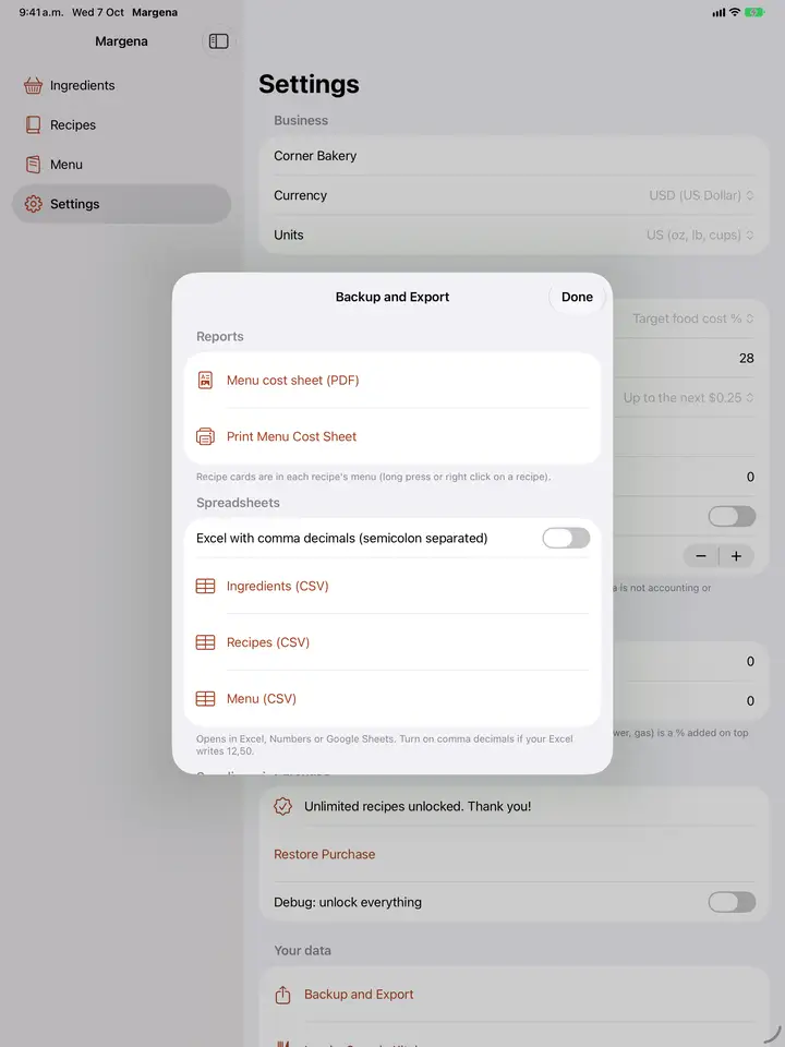 Backup and export: menu cost sheet PDF, CSV files and a supplier price list import