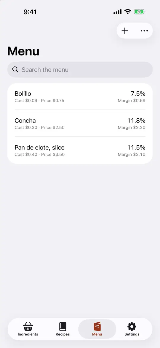 The menu with food cost percentage and margin for each item