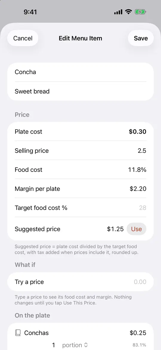 A menu item with plate cost, food cost, margin and a suggested price