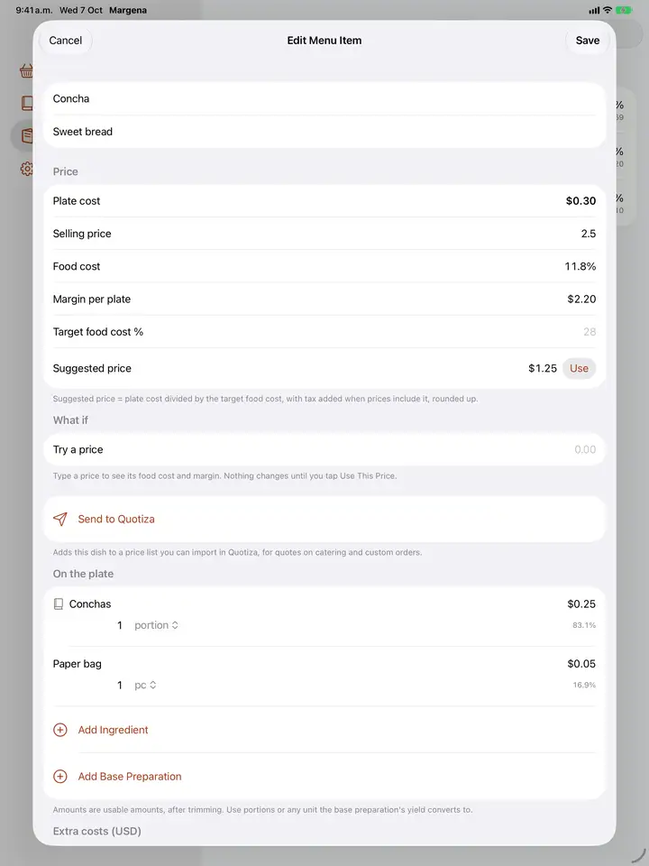 A menu item with plate cost, food cost, margin and a suggested price