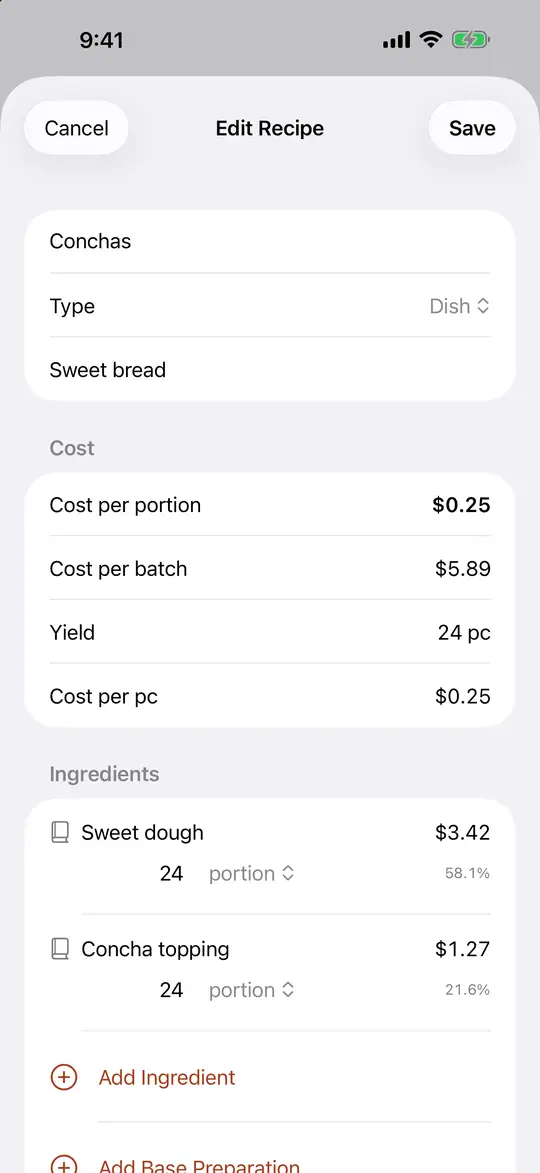 A recipe with cost per portion, cost per batch, yield and ingredient lines