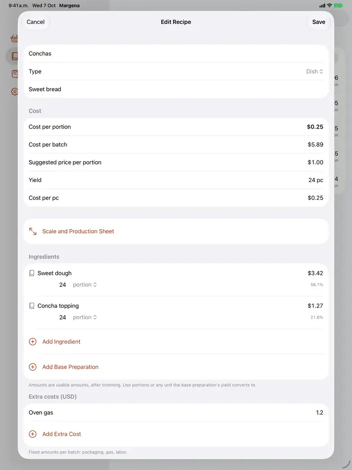 A recipe with cost per portion, cost per batch, yield and ingredient lines