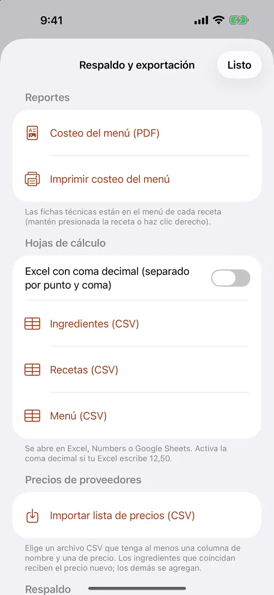 Respaldo y exportación: hoja de costos del menú en PDF, archivos CSV e importación de la lista de precios de un proveedor