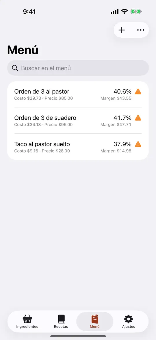El menú con el porcentaje de costo y el margen de cada platillo