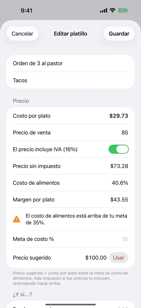 Un platillo del menú con costo del plato, porcentaje de costo, margen y precio sugerido