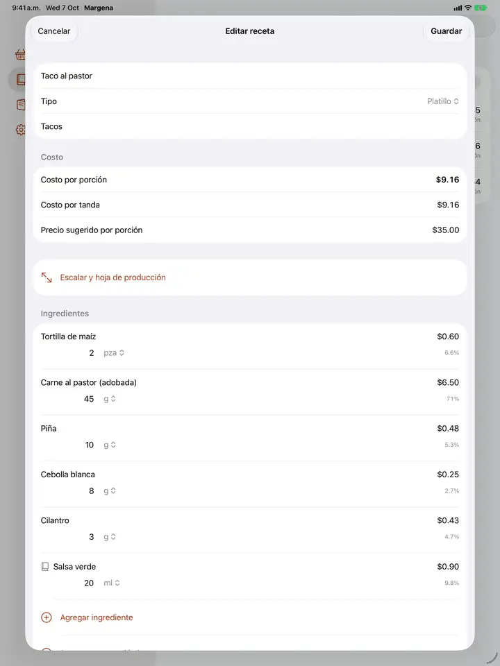 Una receta con costo por porción, costo por lote, rendimiento y renglones de ingredientes