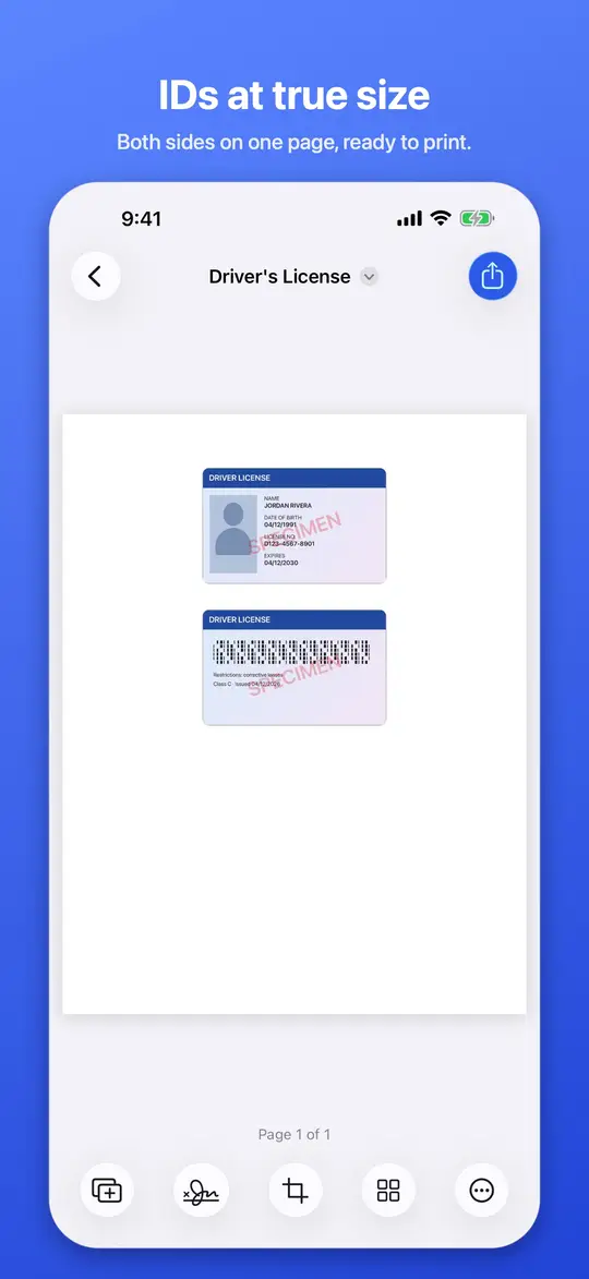 Scanning both sides of an ID at true size on one page