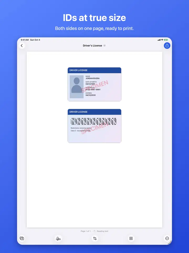 Scanning both sides of an ID at true size on one page