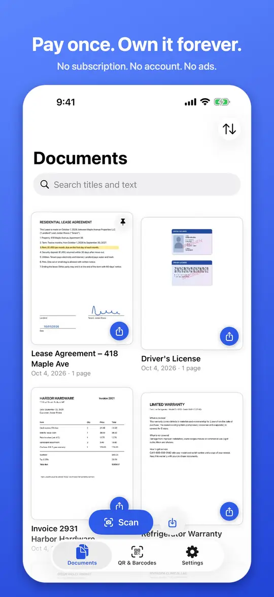 Your document library in OwnScan, with scanned files in a grid