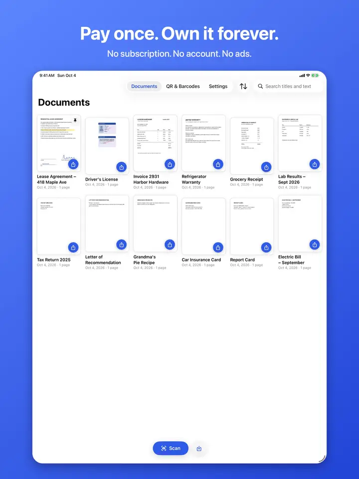Your document library in OwnScan, with scanned files in a grid
