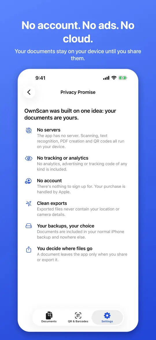 OwnScan keeps everything on your device: no account, no cloud