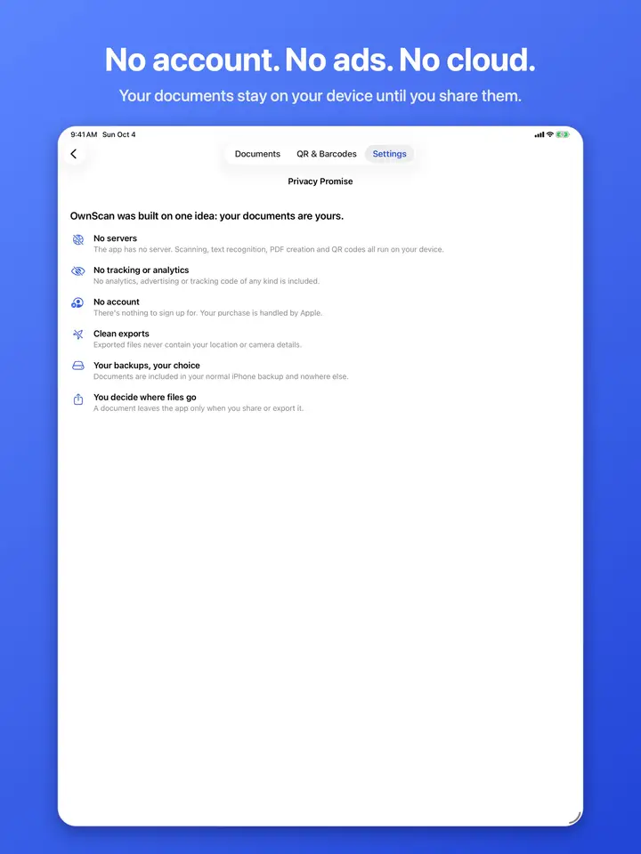OwnScan keeps everything on your device: no account, no cloud