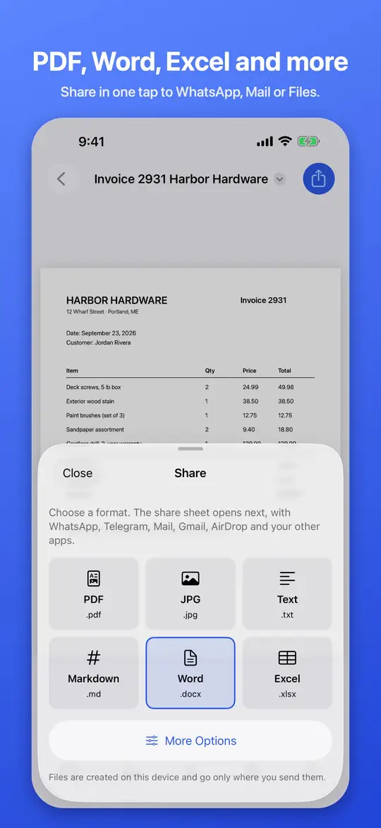 Sharing a scan as a PDF from the share sheet
