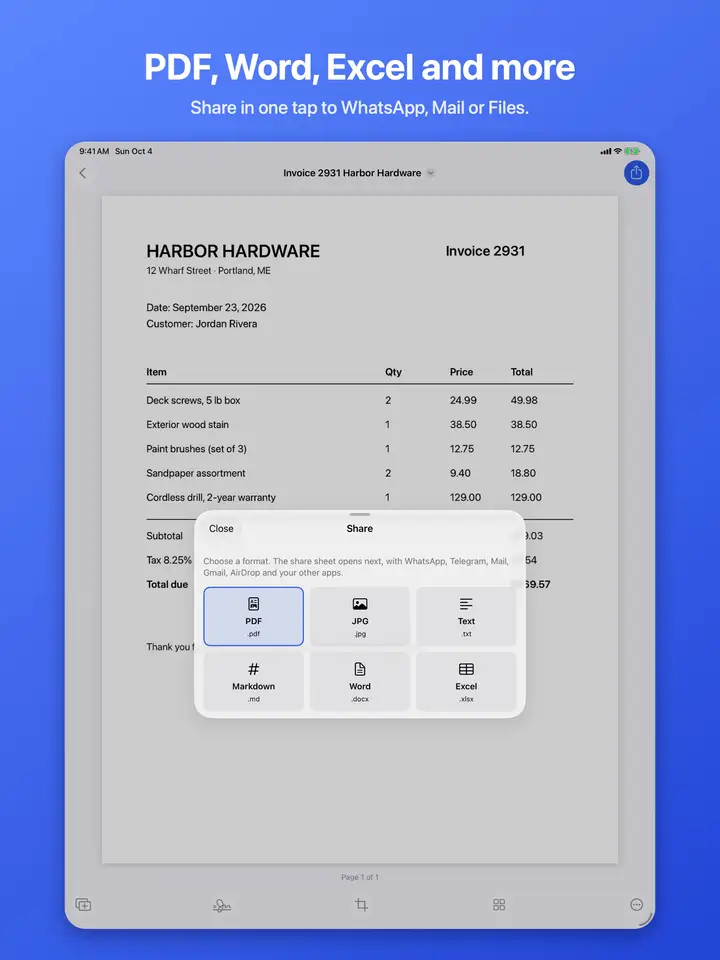 Sharing a scan as a PDF from the share sheet