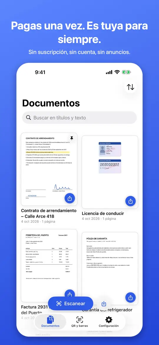 Tu biblioteca de documentos en OwnScan, con los archivos escaneados en cuadrícula