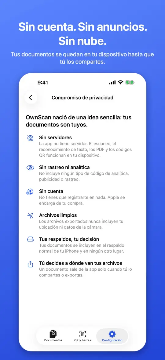 OwnScan guarda todo en tu dispositivo: sin cuenta y sin nube