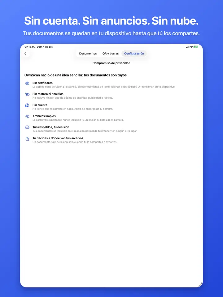 OwnScan guarda todo en tu dispositivo: sin cuenta y sin nube