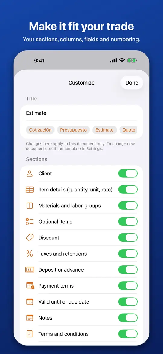 Customize screen with on and off switches for each document section