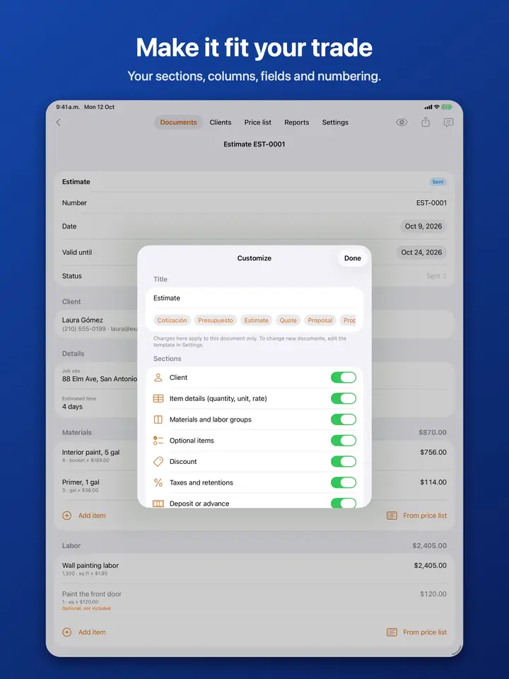 Customize screen with on and off switches for each document section