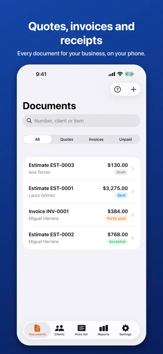 The document list with quotes and invoices and their status