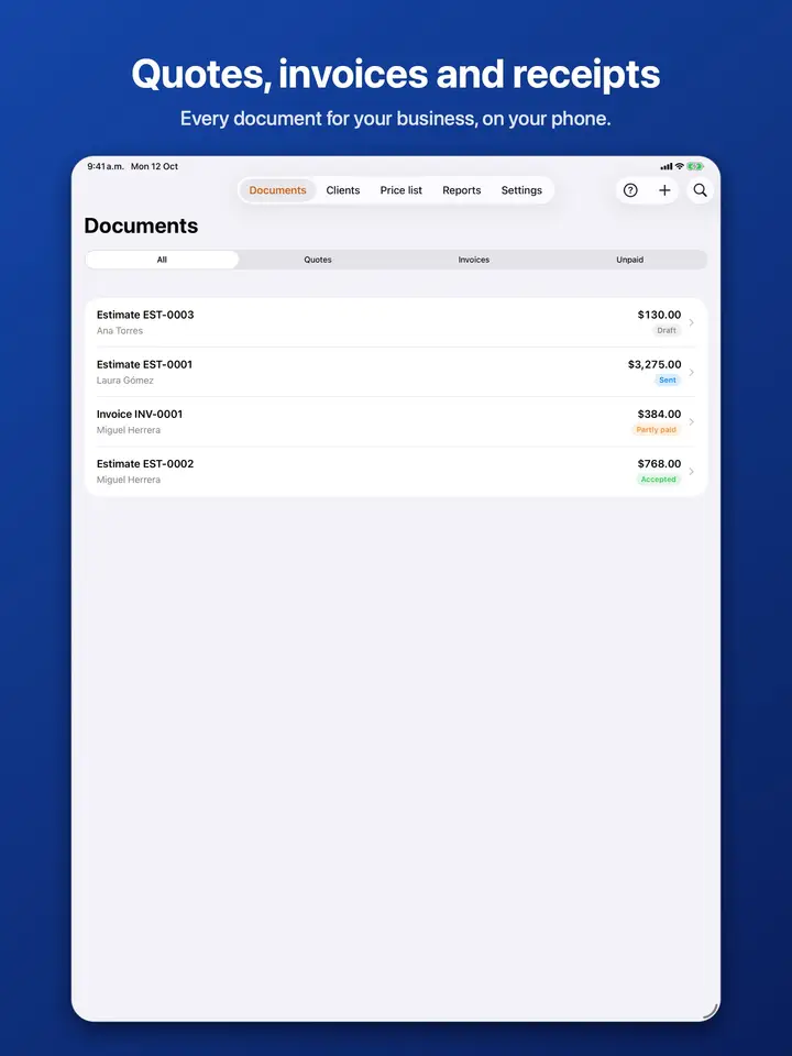 The document list with quotes and invoices and their status