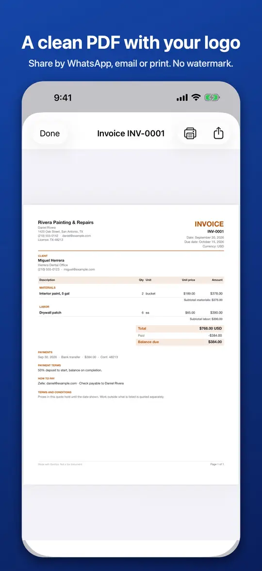 A finished invoice PDF with the business logo